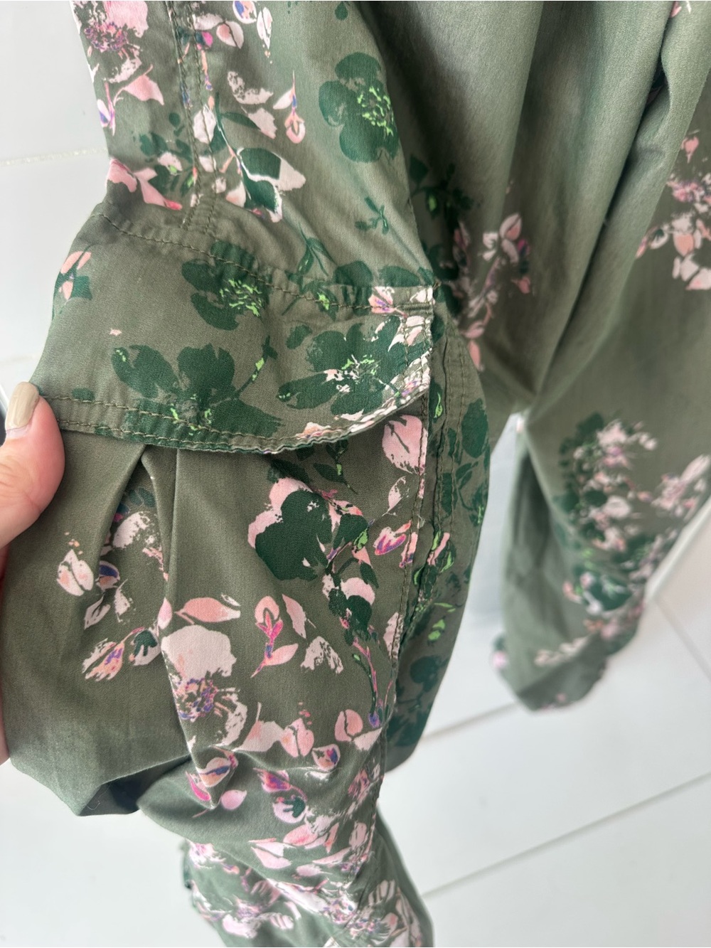 FP Movement Mesmerize Me Green Floral Cargo Pants with Pink Accents - Picture 9 of 11